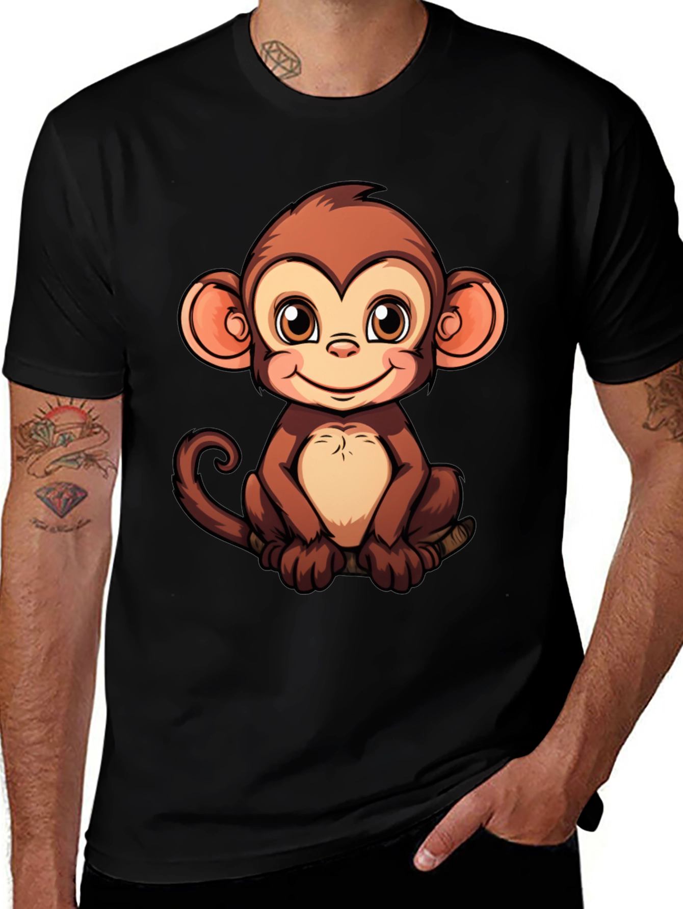 Cute Monkey Graphic Print Black T-Shirt