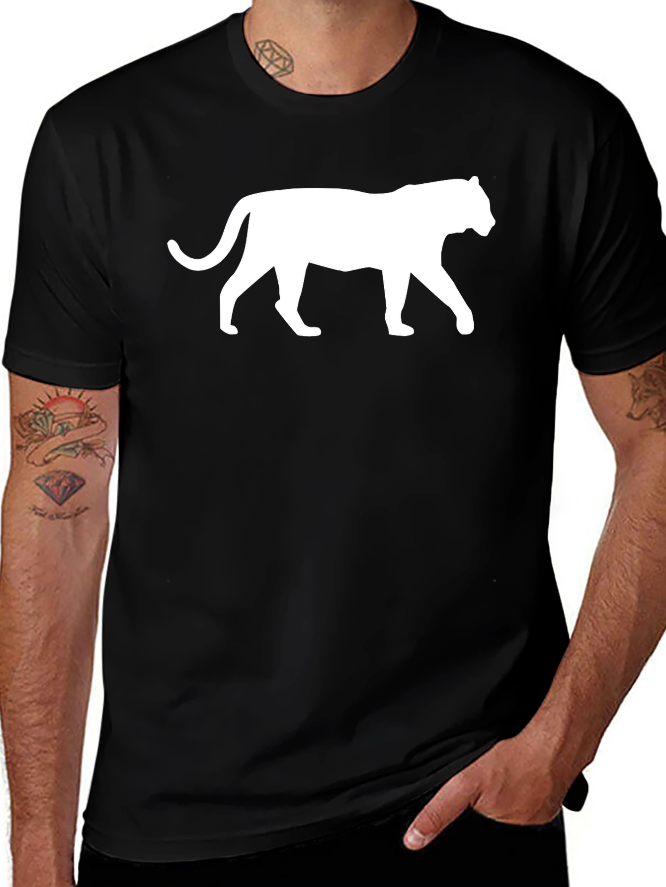 Variant 27 of Men's Black T-Shirt with White Panther Graphic