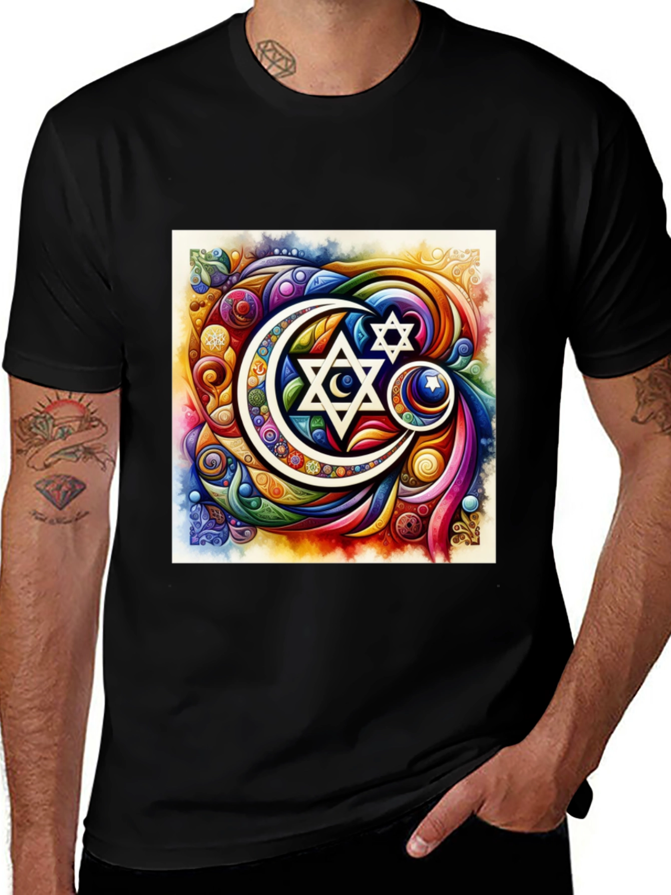 Variant 7 of Harmony Black T-Shirt with Religious Symbol Design