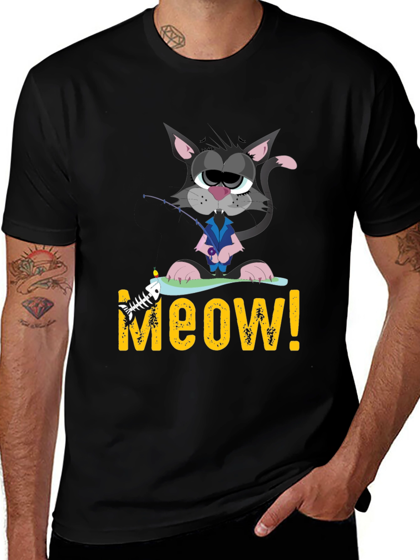 Variant 2 of Cat Fishing Meow Graphic Tee - Black