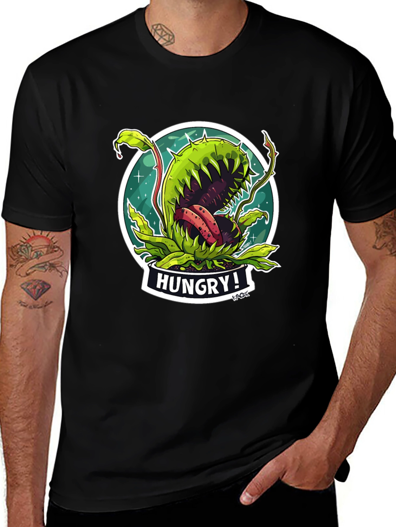 Variant 14 of Hungry Plant Graphic T-Shirt - Black Cotton Tee