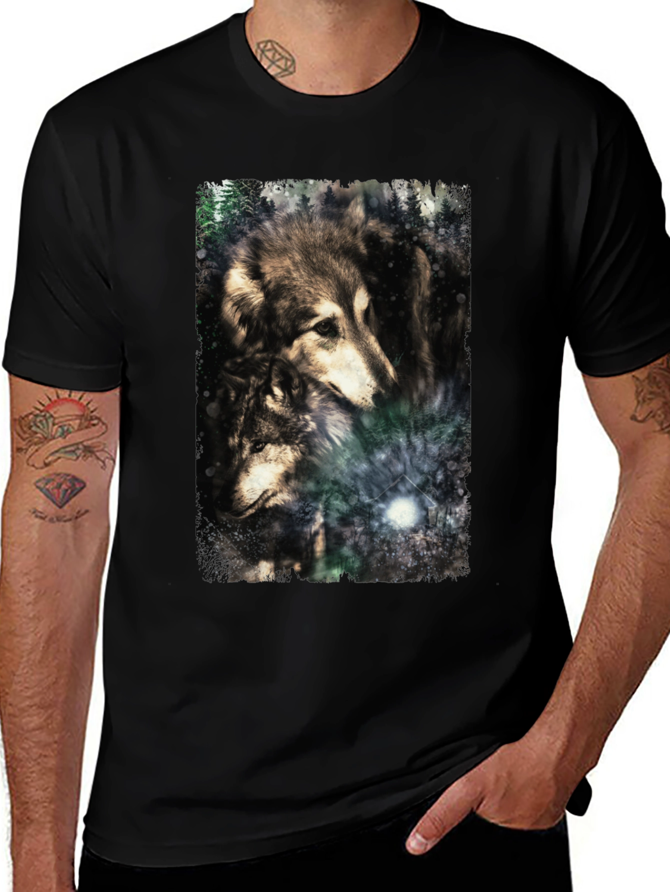 Variant 15 of Wolf Pack Graphic Print Black T-Shirt