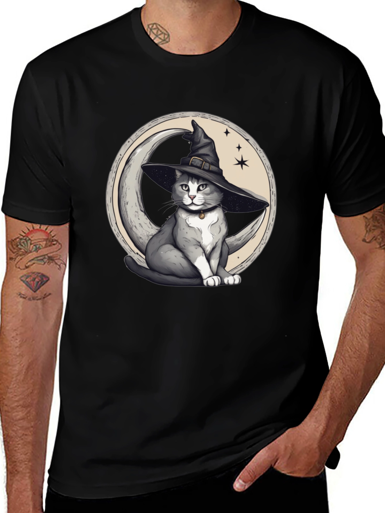Variant 23 of Whimsical Cat in Witch Hat on Moon T-Shirt