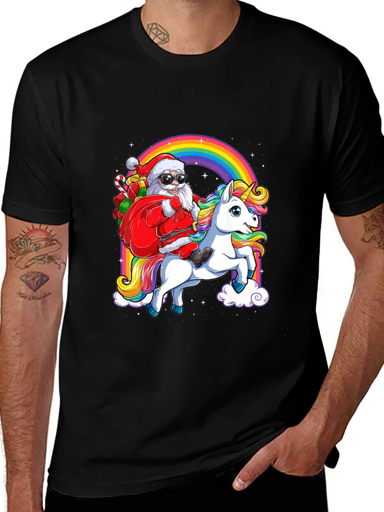 Santa Riding Unicorn T-Shirt - Festive Rainbow Design