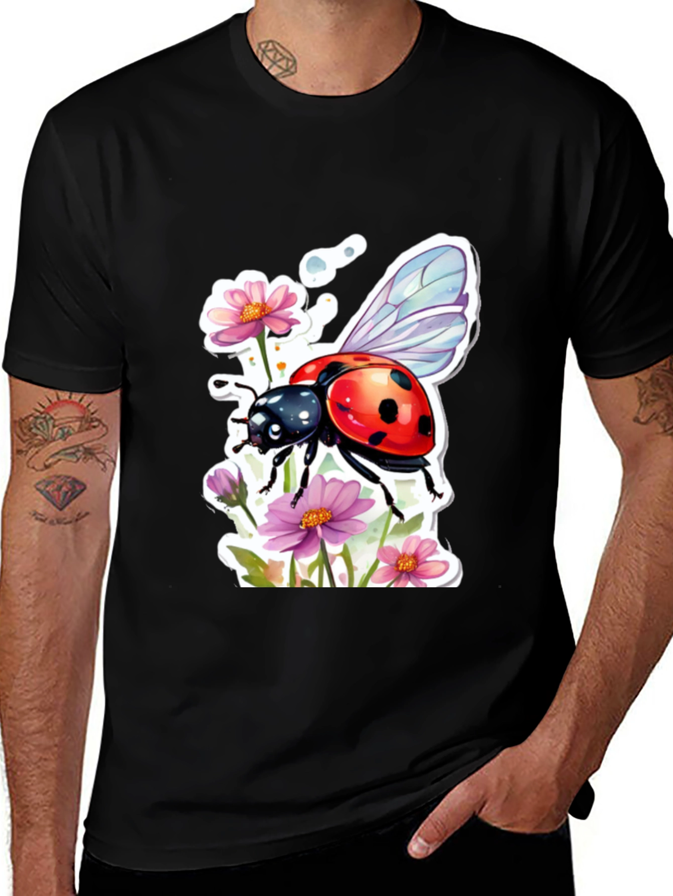 Black Ladybug & Floral Graphic Tee - Trendy Black T-Shirt main image