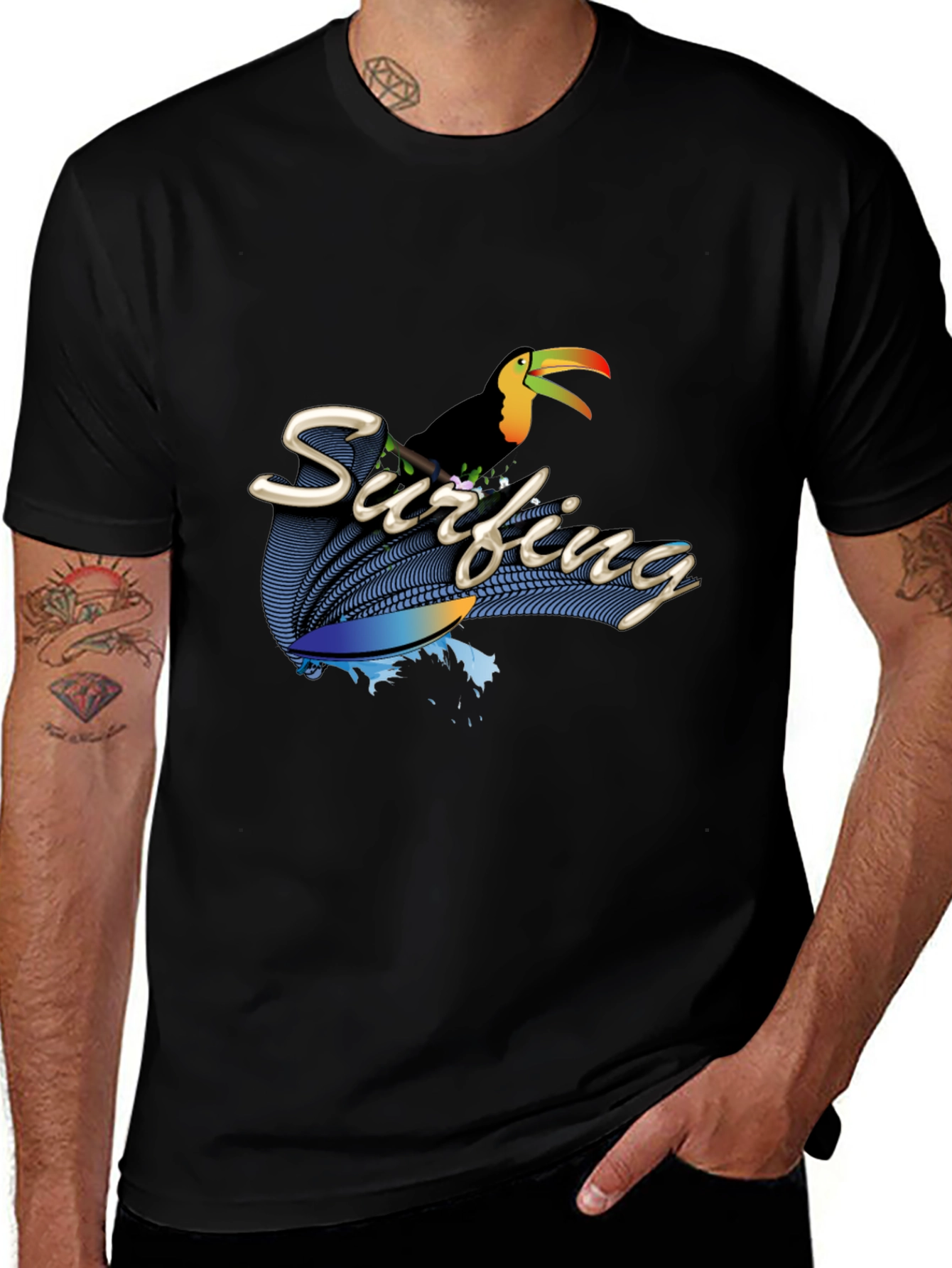 Variant 6 of Surfing Toucan Black T-Shirt