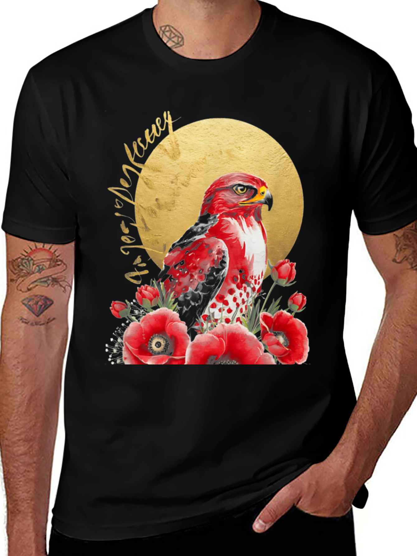 Variant 5 of Red Hawk & Poppies Black Graphic Tee