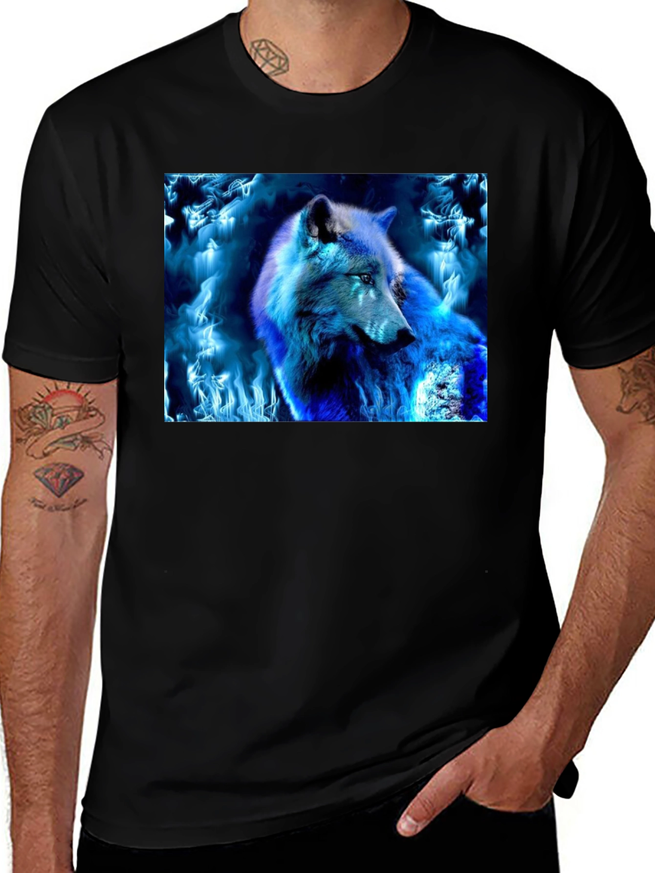 Black Blue Fire Wolf Graphic Tee - Black Cotton Blend main image