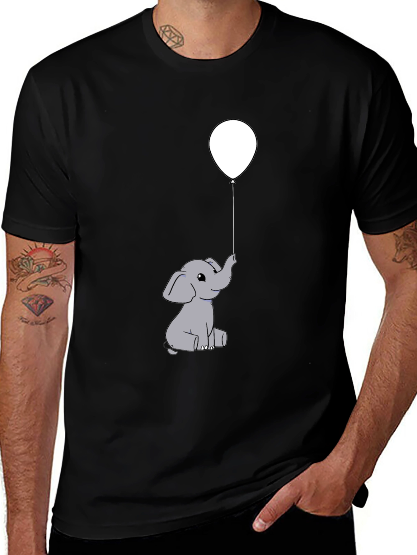 Variant 14 of Cute Elephant Holding Balloon Graphic Tee - Black Cotton Blend