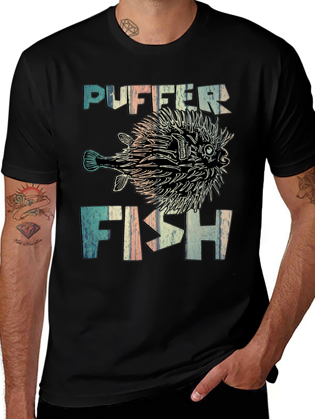 Variant 22 of Puffer Fish Graphic T-Shirt - Black Cotton Tee