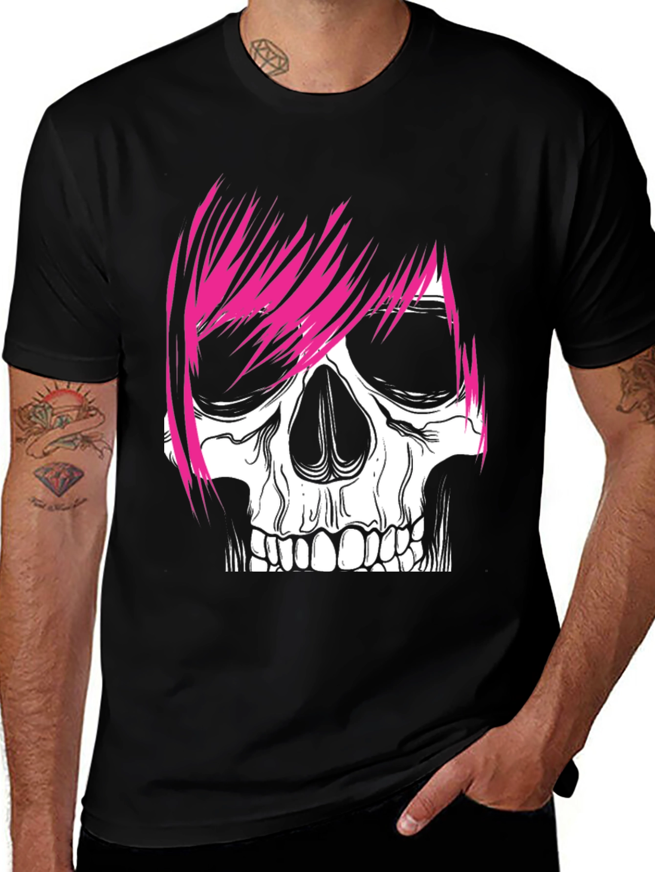 Skull with Pink Hair Graphic Tee - Men's Black T-Shirt