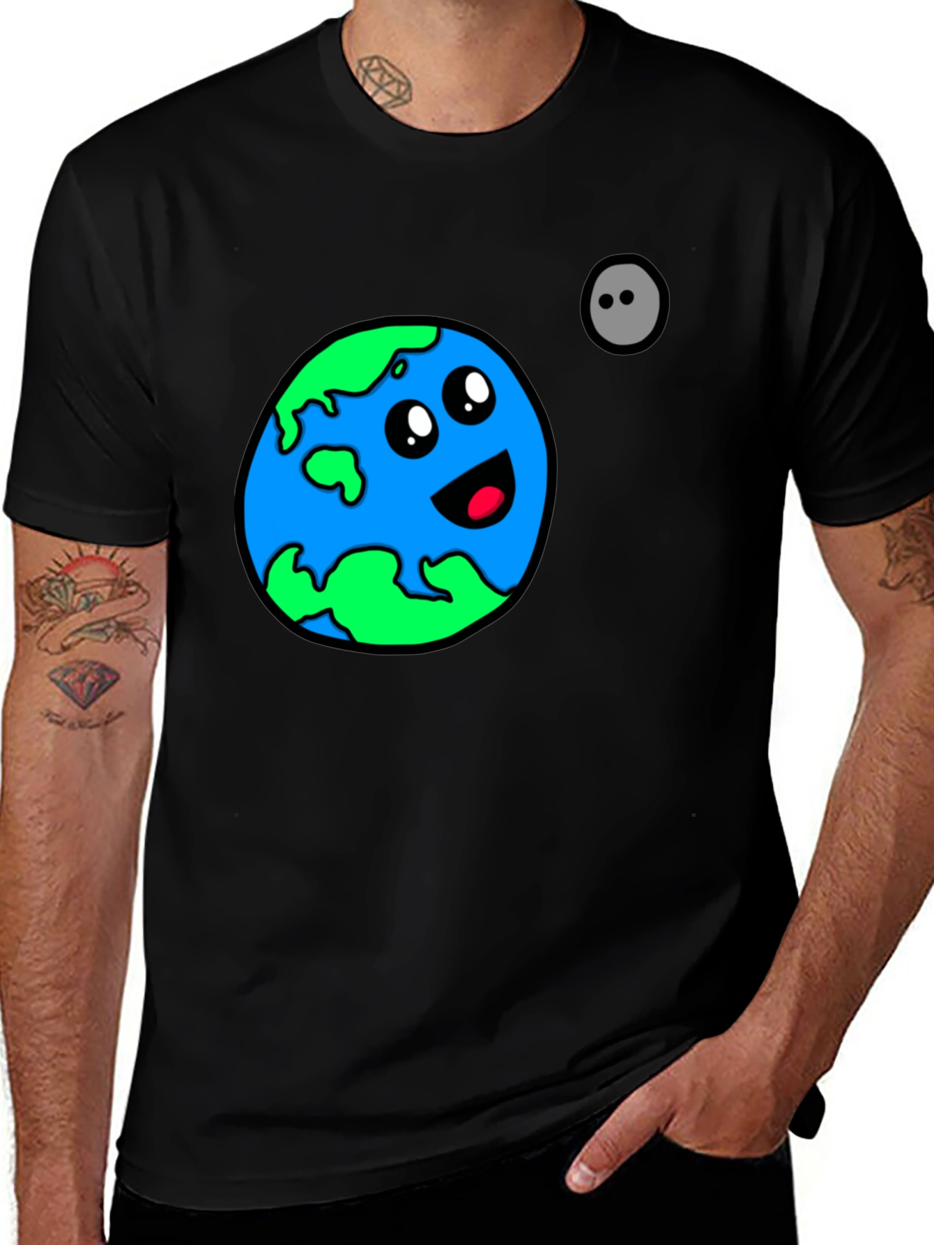 Variant 7 of Cartoon Earth Graphic T-Shirt - Black Cotton Blend