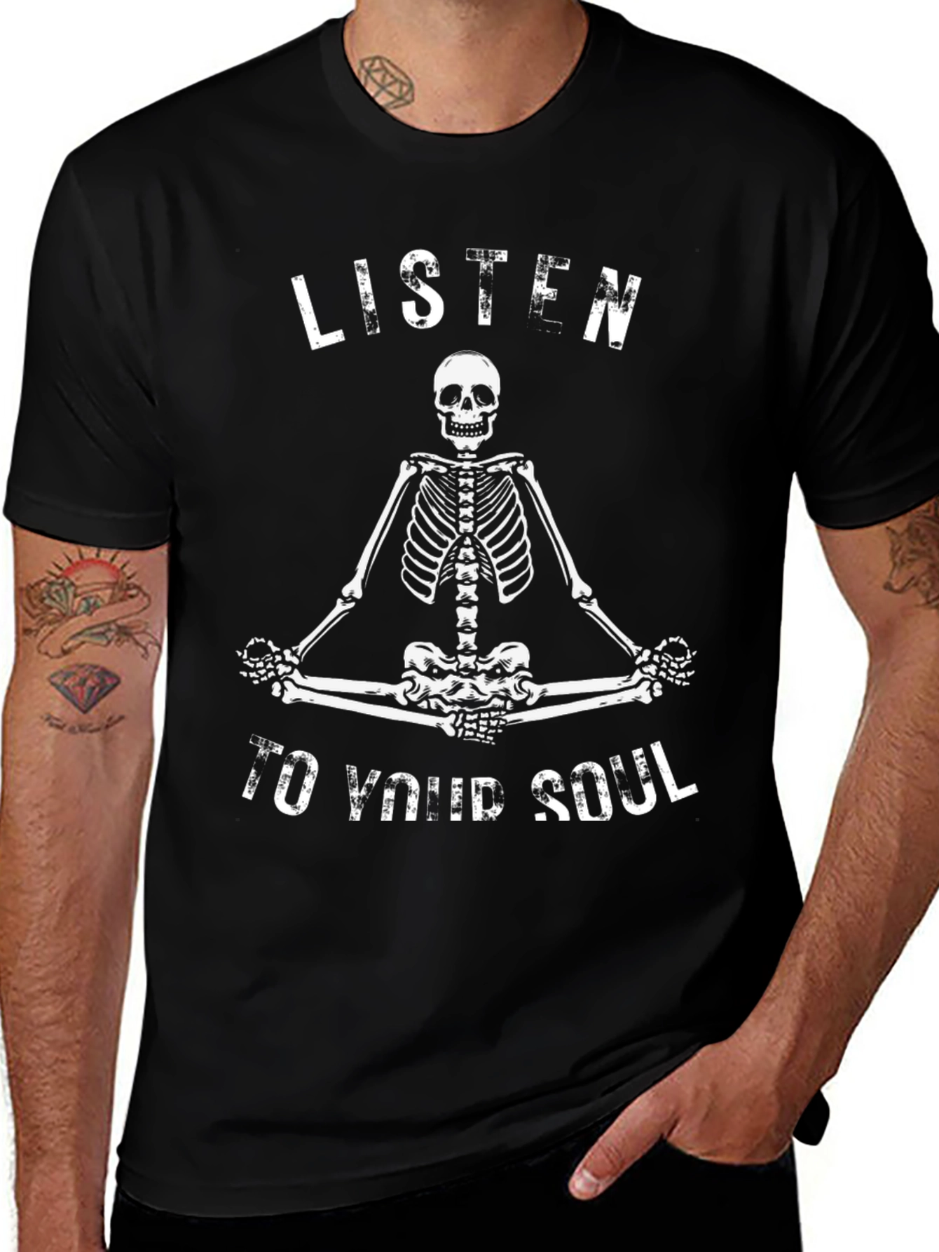 Variant 20 of Skeleton Meditation Graphic Tee - Listen To Your Soul Black T-Shirt