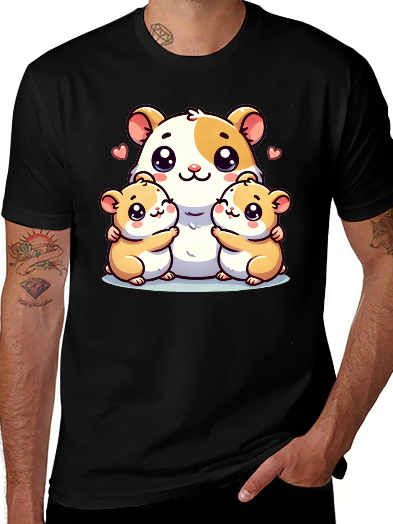 Variant 3 of Cute Hamster Family Graphic Tee - Black Cotton Blend