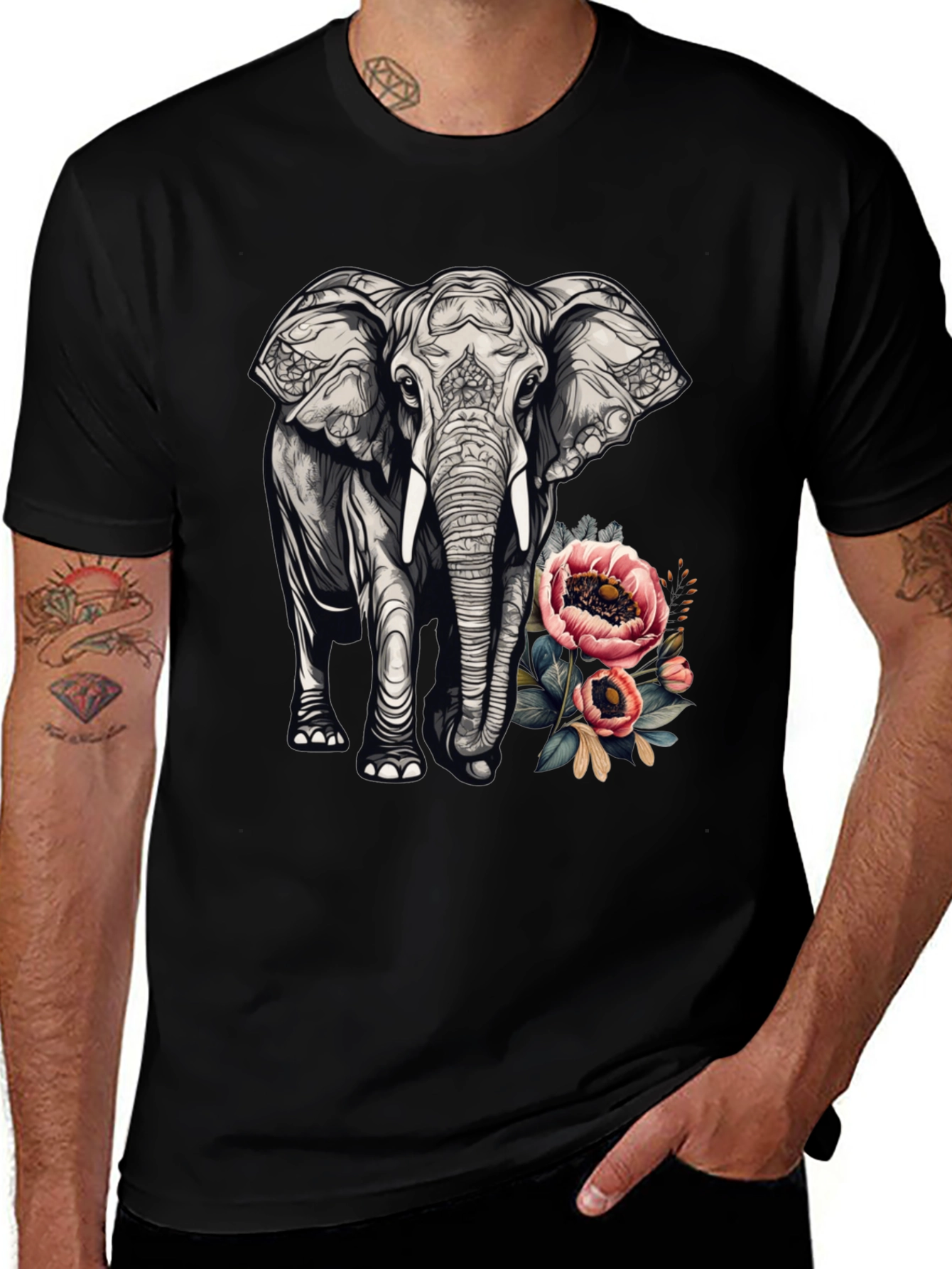 Variant 30 of Elephant Floral Graphic Tee - Black