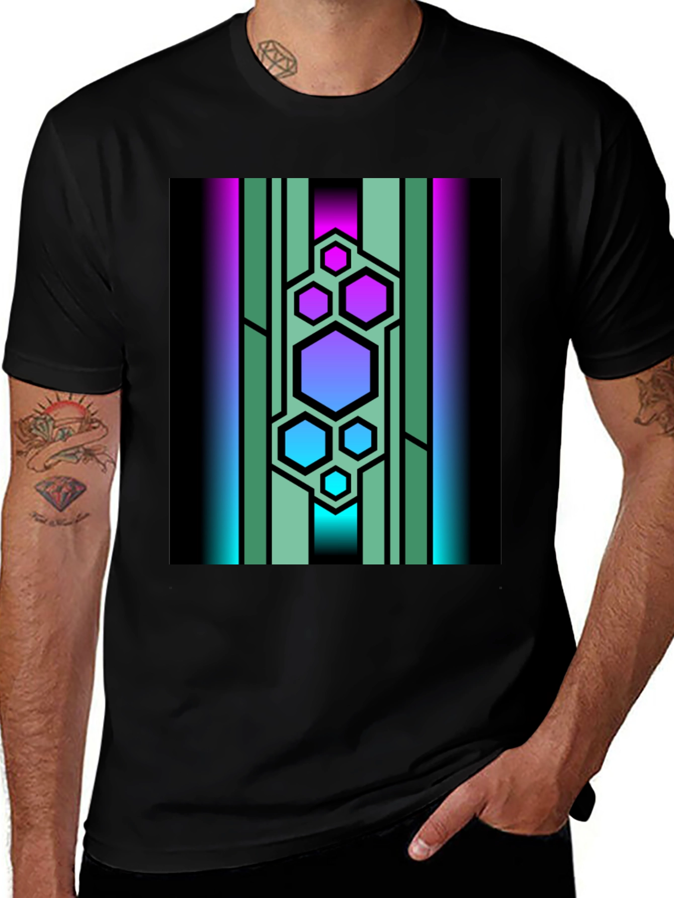 Variant 3 of Geometric Hexagon Design Black T-Shirt