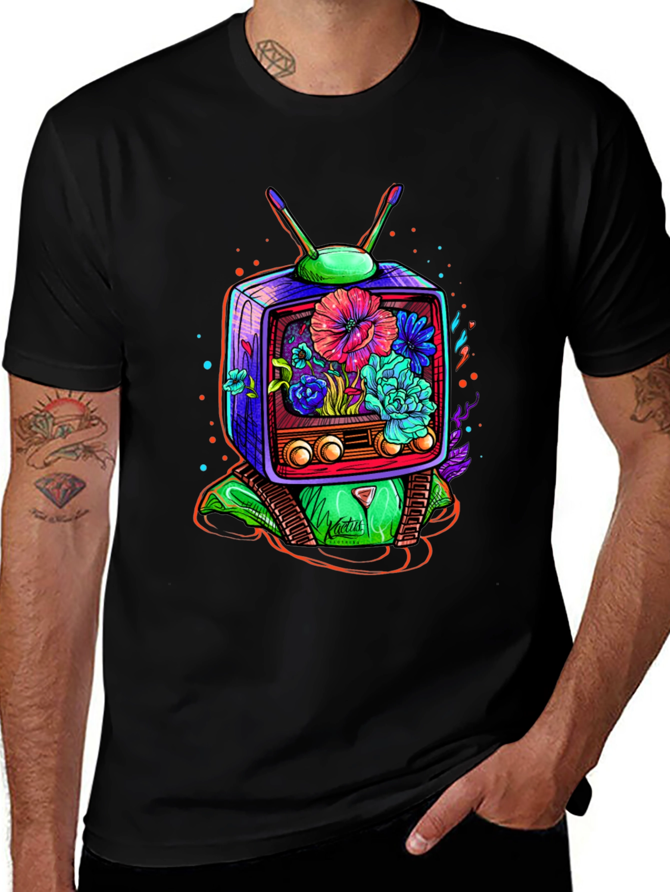 Variant 29 of Retro TV Floral Graphic T-Shirt - Black
