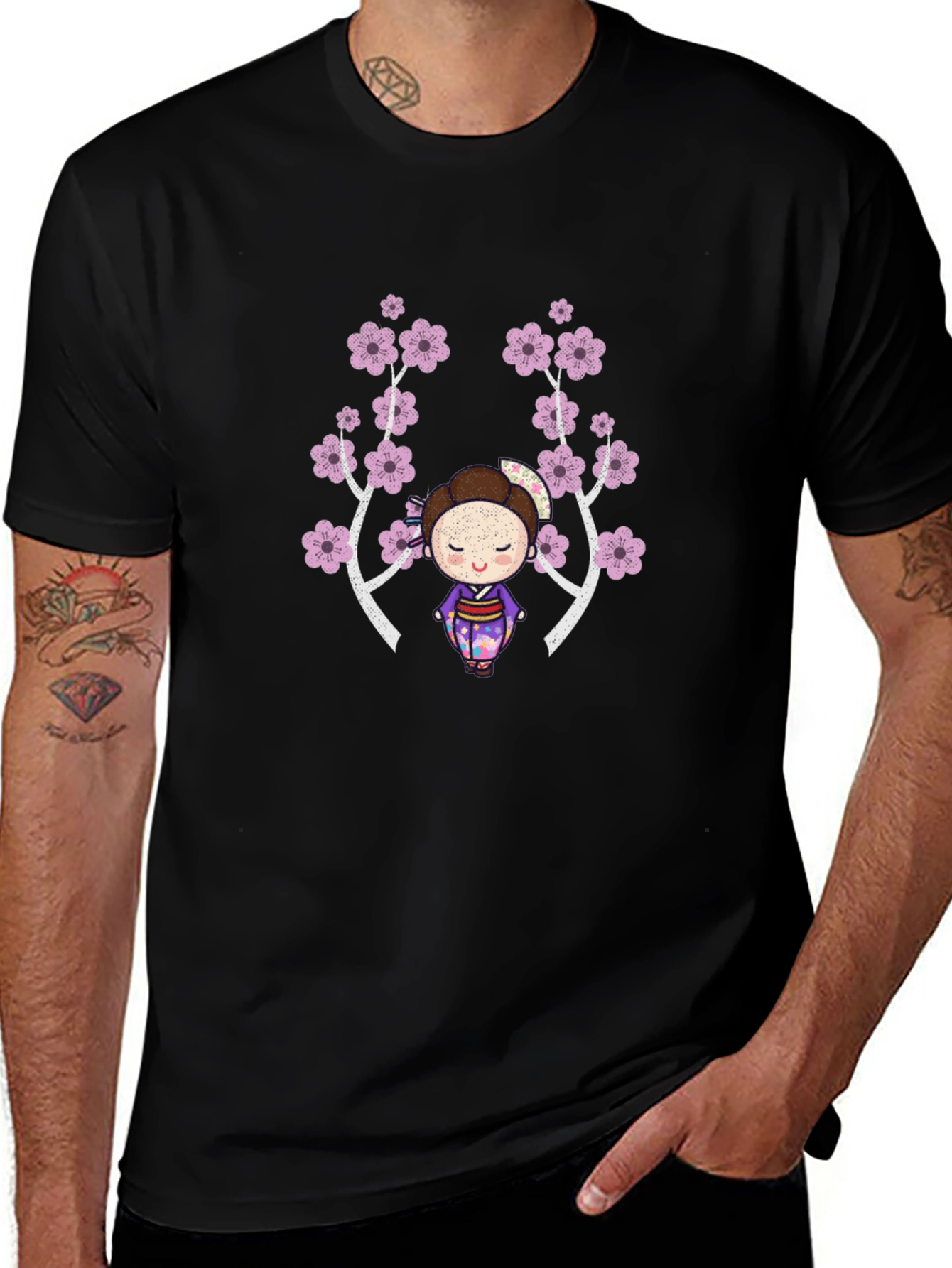 Variant 24 of Geisha and Cherry Blossom Print Black T-Shirt