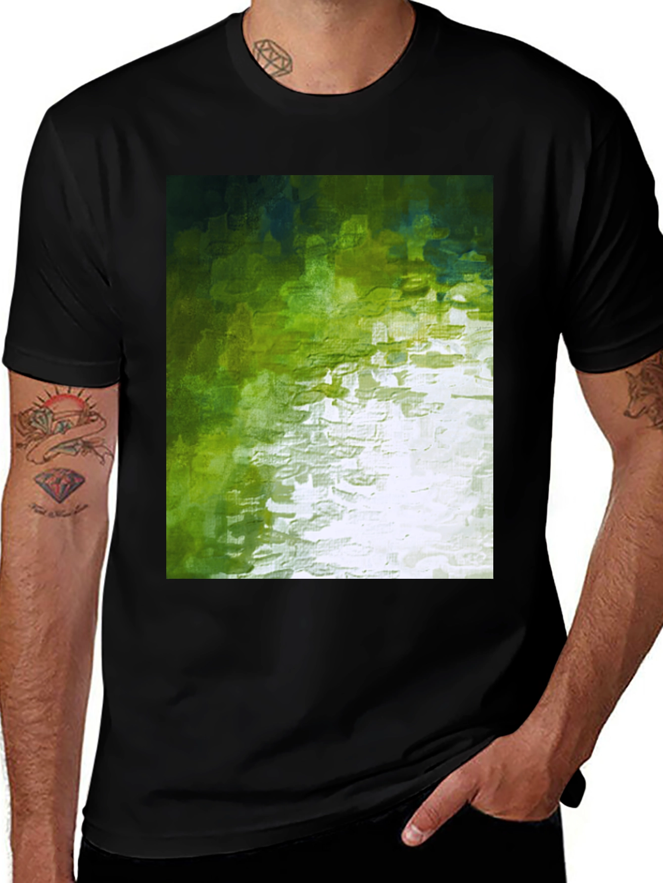 Black Abstract Green Graphic Print Crewneck T-Shirt main image