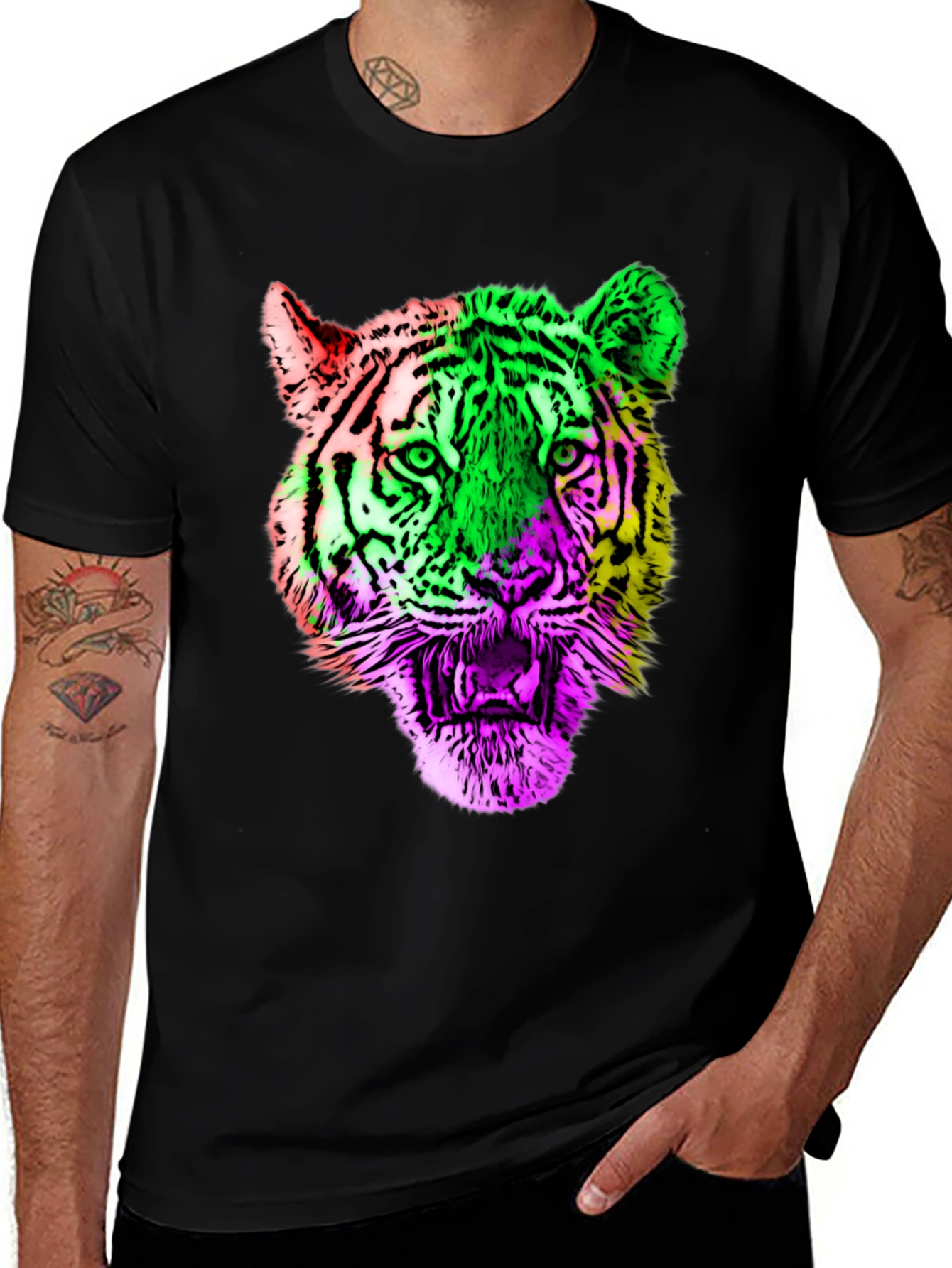 Variant 9 of Colorful Tiger Graphic Print Black T-Shirt