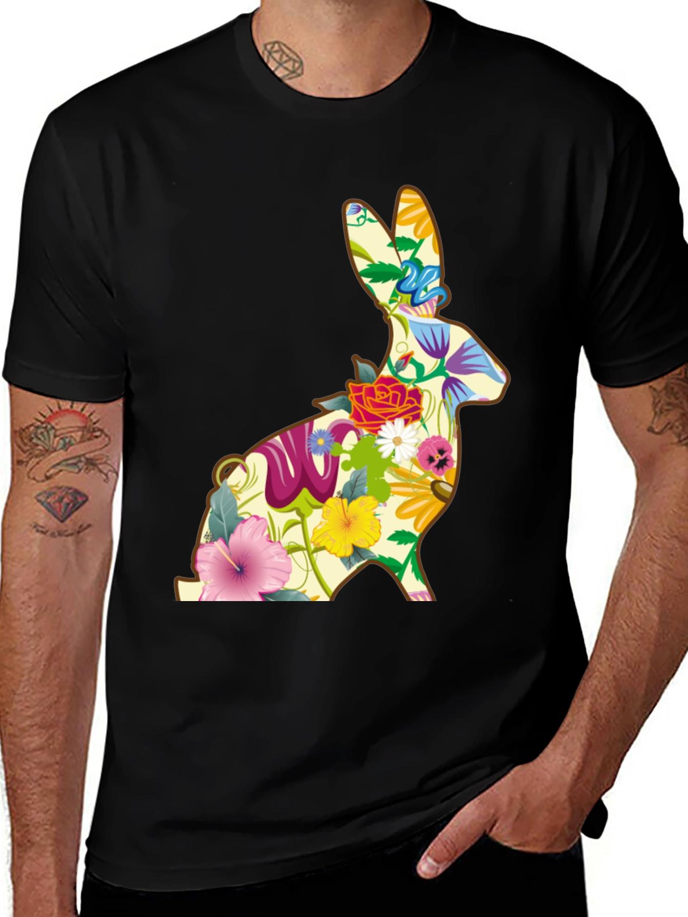Variant 2 of Floral Bunny Graphic Tee - Stylish Black T-Shirt