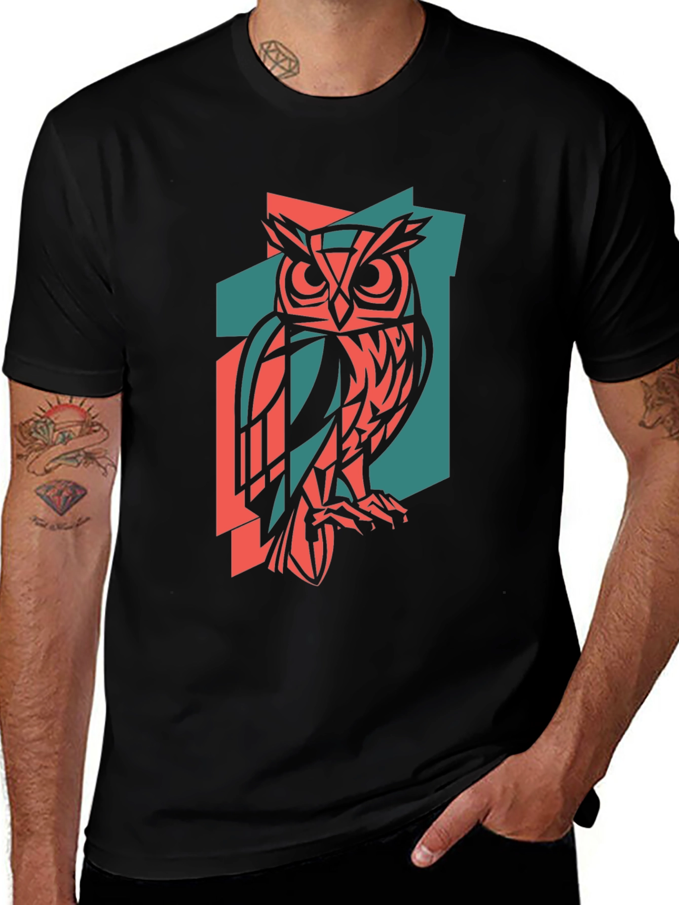 Variant 15 of Geometric Owl Print Black T-Shirt