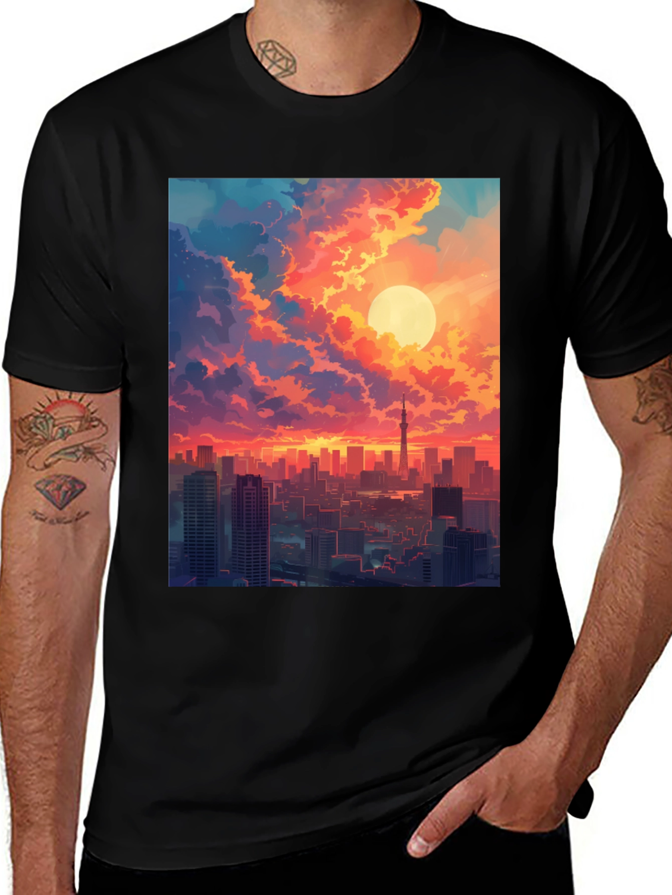 Variant 6 of Sunset Cityscape Graphic Tee - Anime Style Black T-Shirt