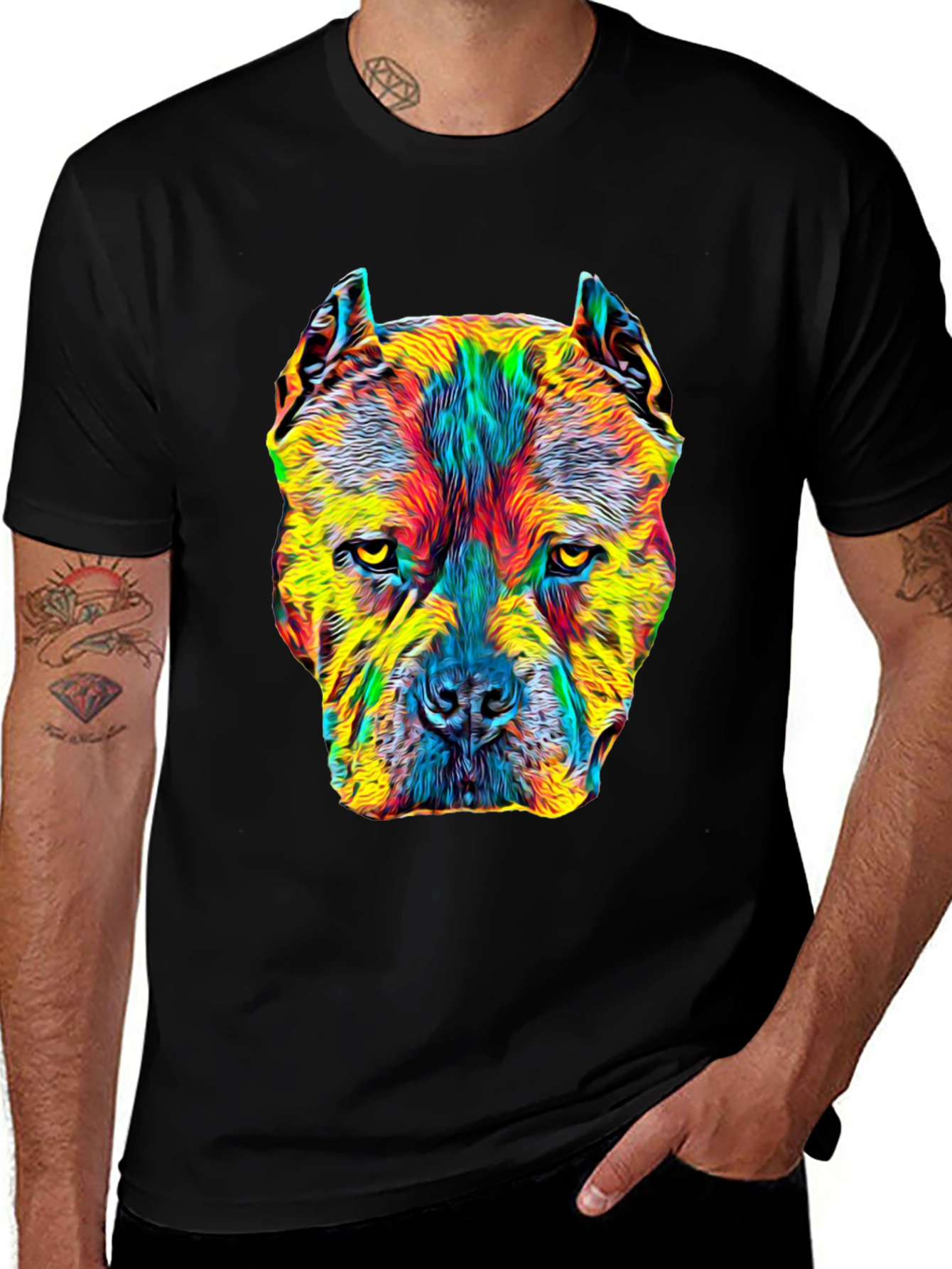 Black Colorful Pitbull Dog Graphic Print Black T-Shirt main image