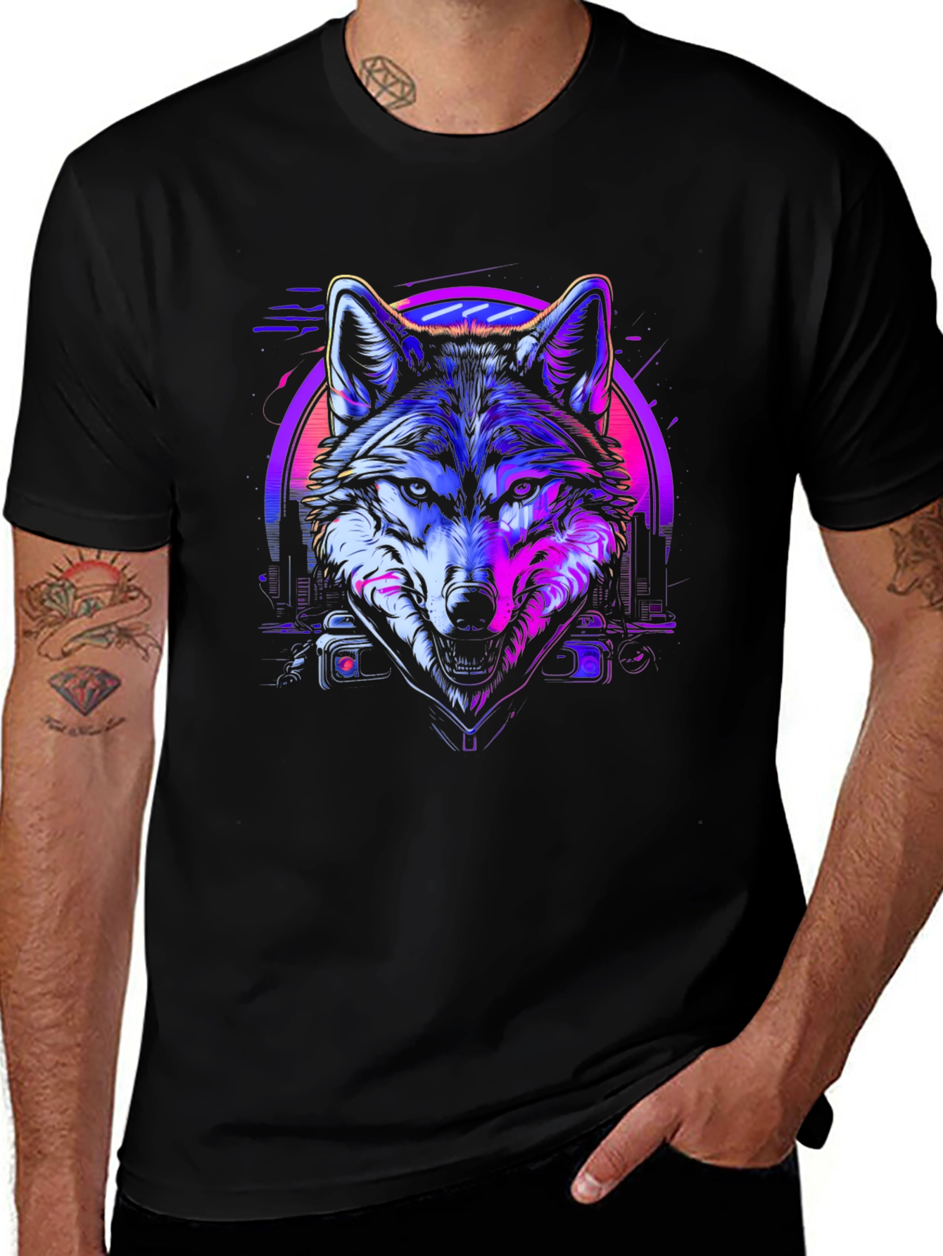 Variant 23 of Neon Wolf Graphic Tee - Retro Style