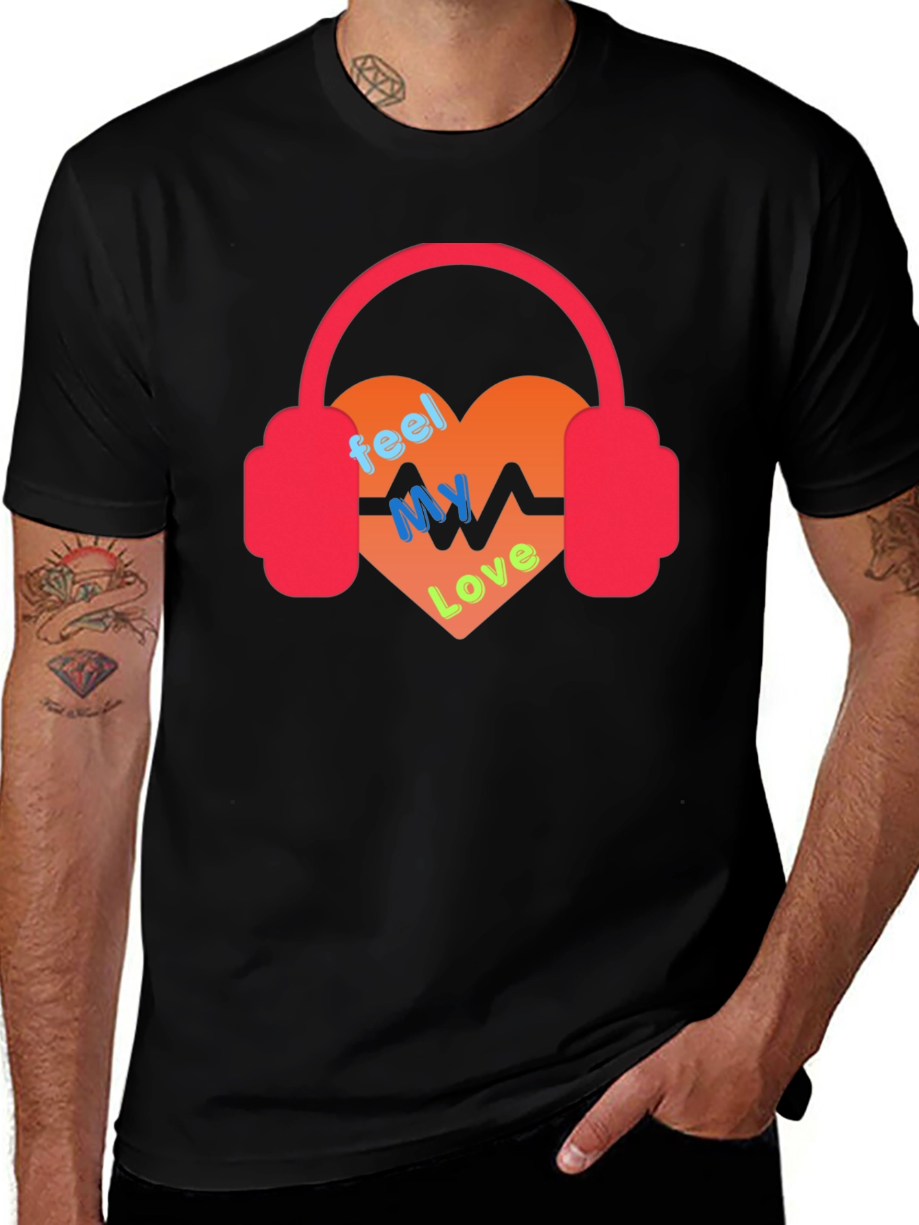 Black Feel My Love Heartbeat Headphones Graphic Tee main image