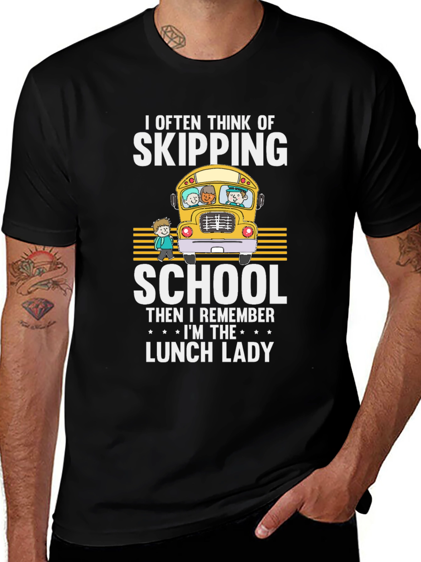 Black Lunch Lady T-Shirt - School Bus Design main image
