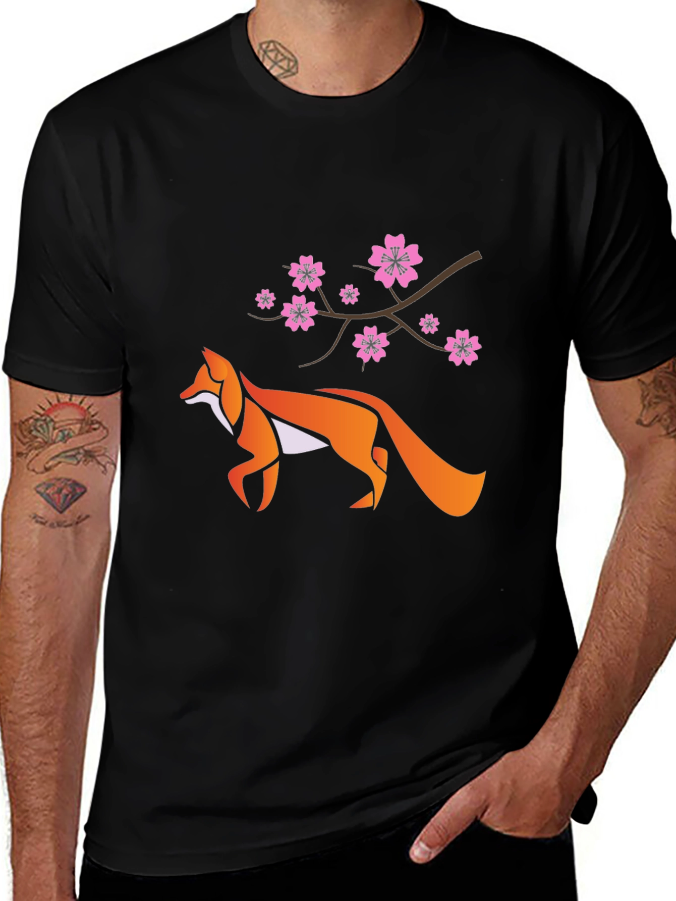 Variant 17 of Fox & Cherry Blossom Graphic Black T-Shirt