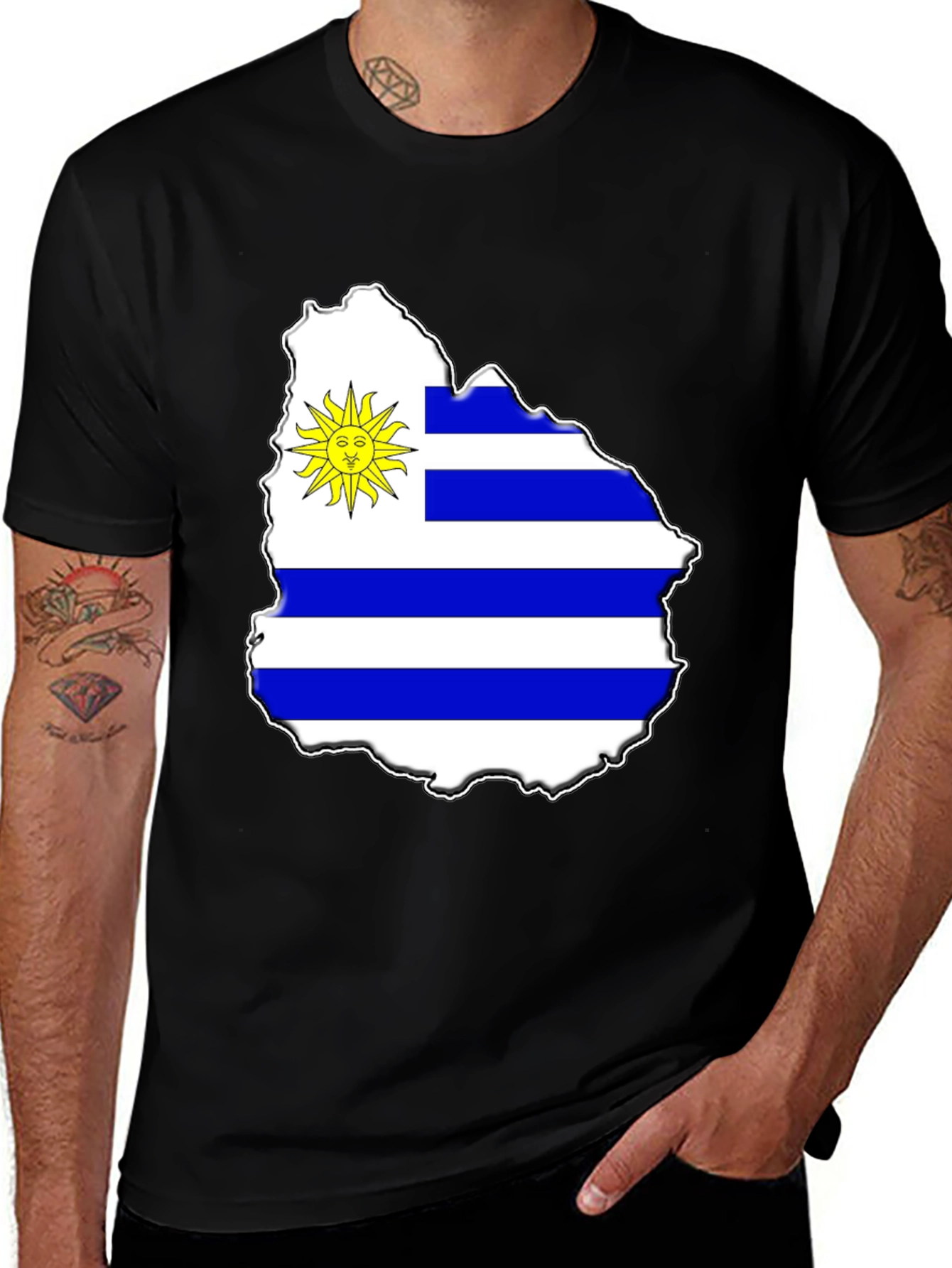 Variant 12 of Uruguay Flag Map T-Shirt - Black Crew Neck Tee