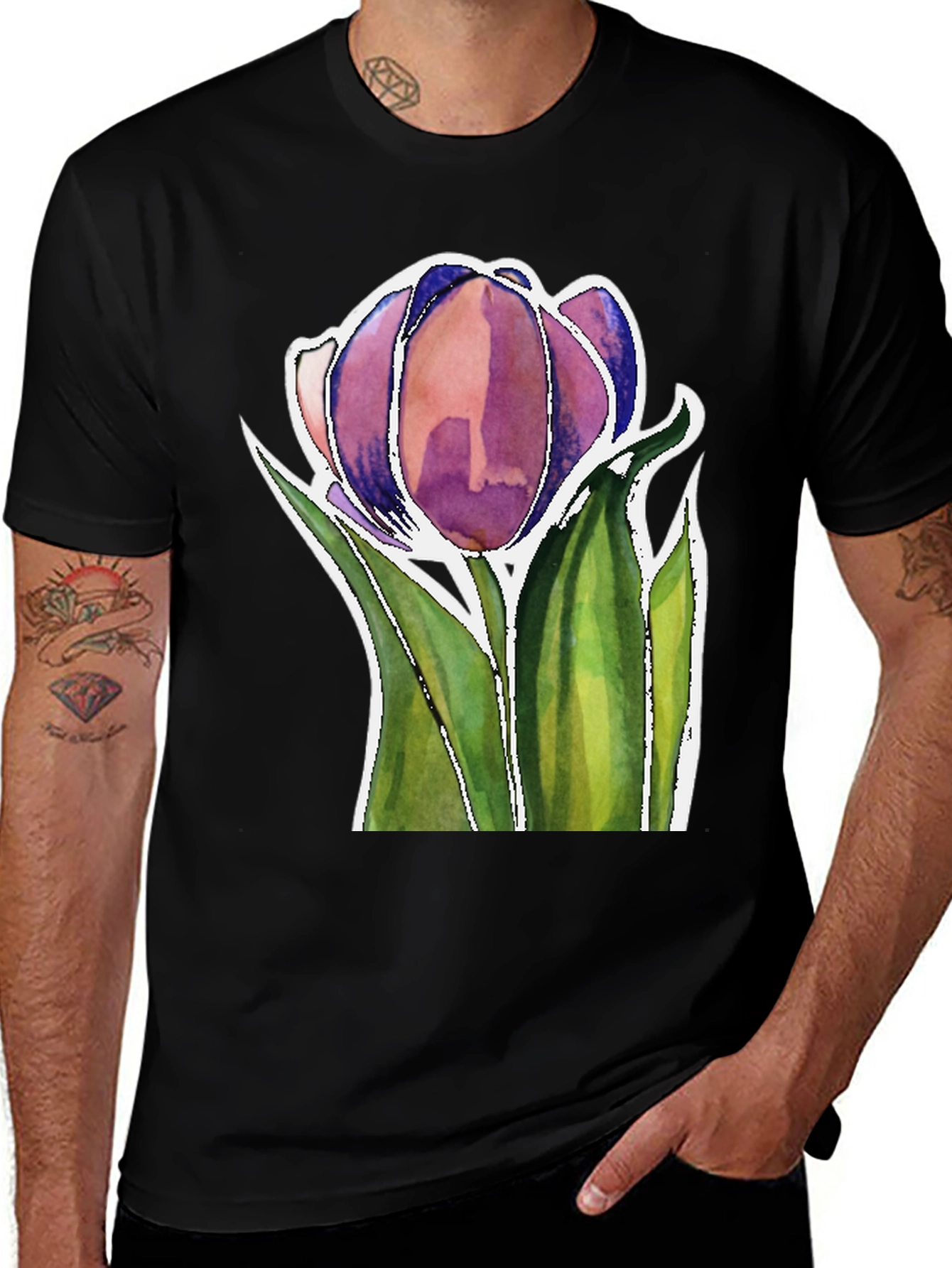 Variant 15 of Floral Tulip Watercolor Graphic Black T-Shirt