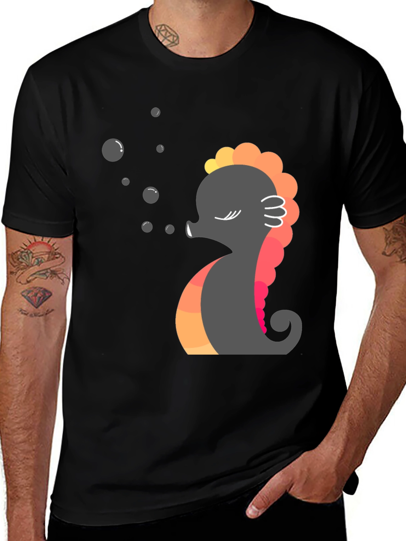 Variant 7 of Cute Seahorse Graphic Tee - Black Cotton T-Shirt
