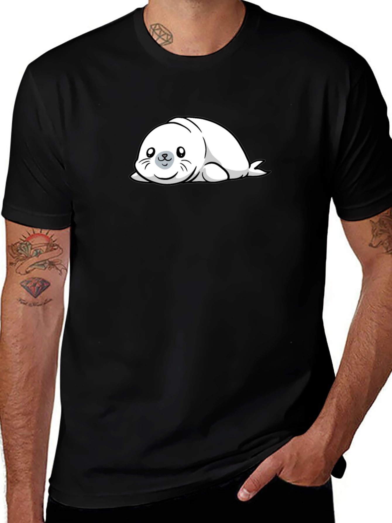 Variant 23 of Cute Seal Cartoon Graphic Tee - Black Casual T-Shirt