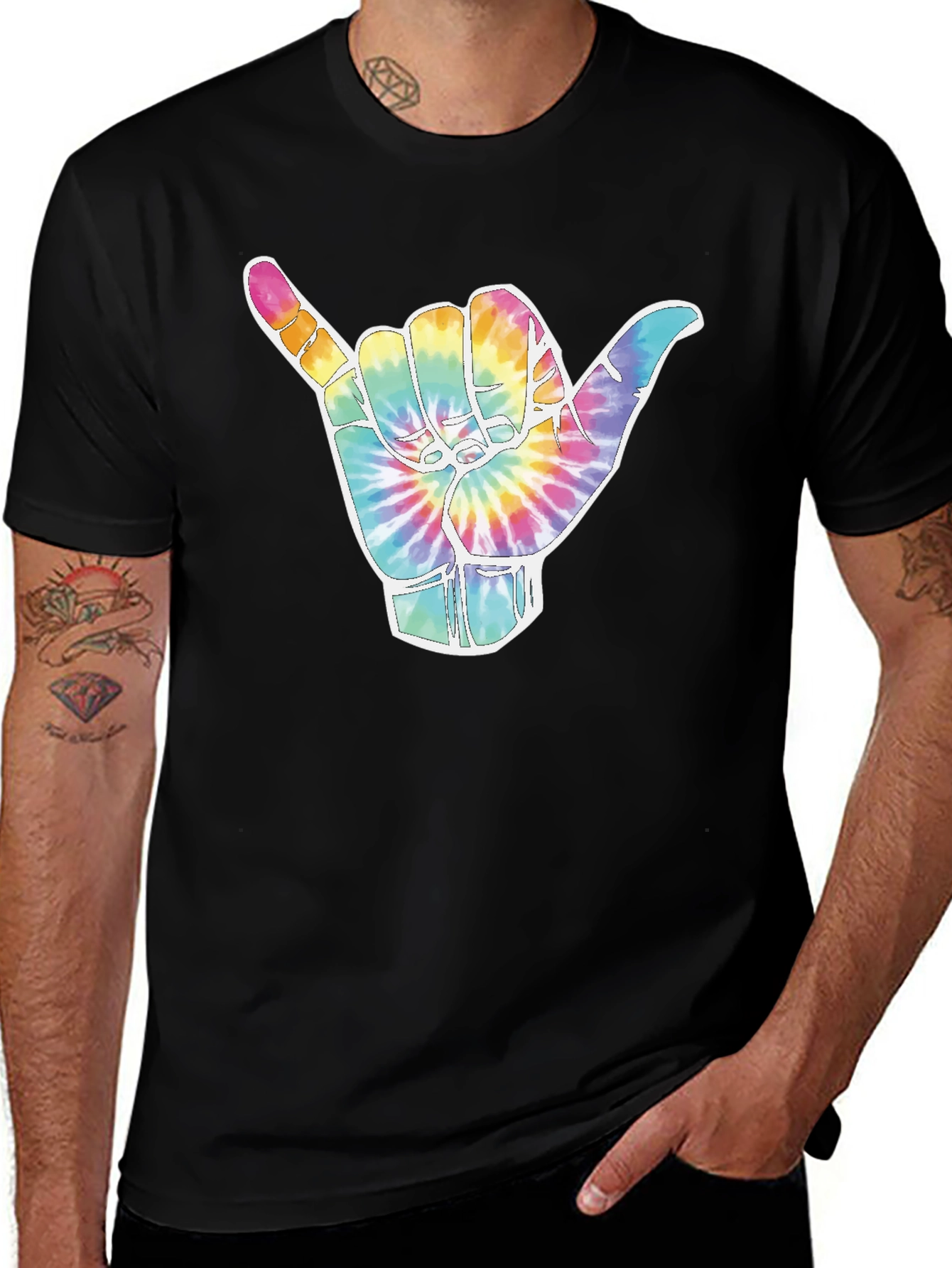 Tie Dye Shaka Hand Graphic Tee - Black