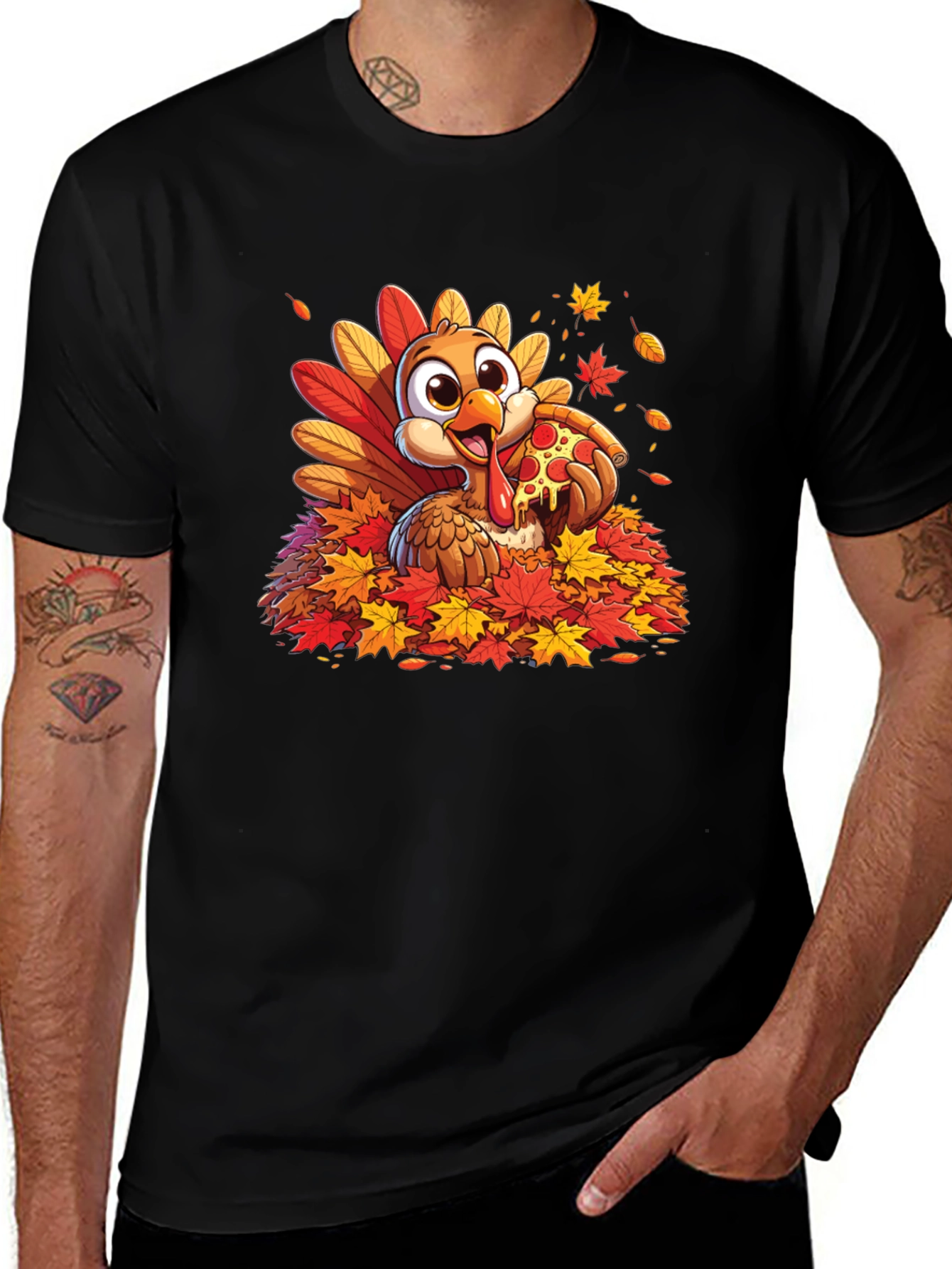 Turkey Pizza Fall Leaves T-Shirt Thanksgiving Tee