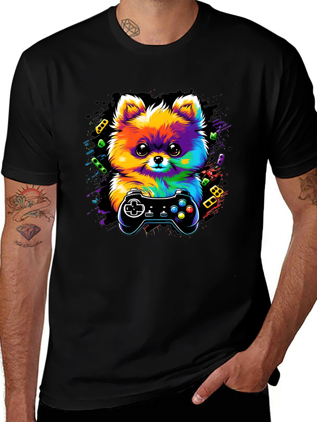 Variant 26 of Gaming Dog T-Shirt - Colorful Pomeranian Gamer