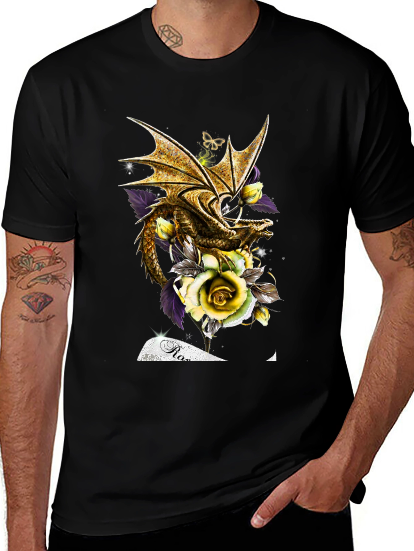 Black Dragon and Roses Graphic Tee main image