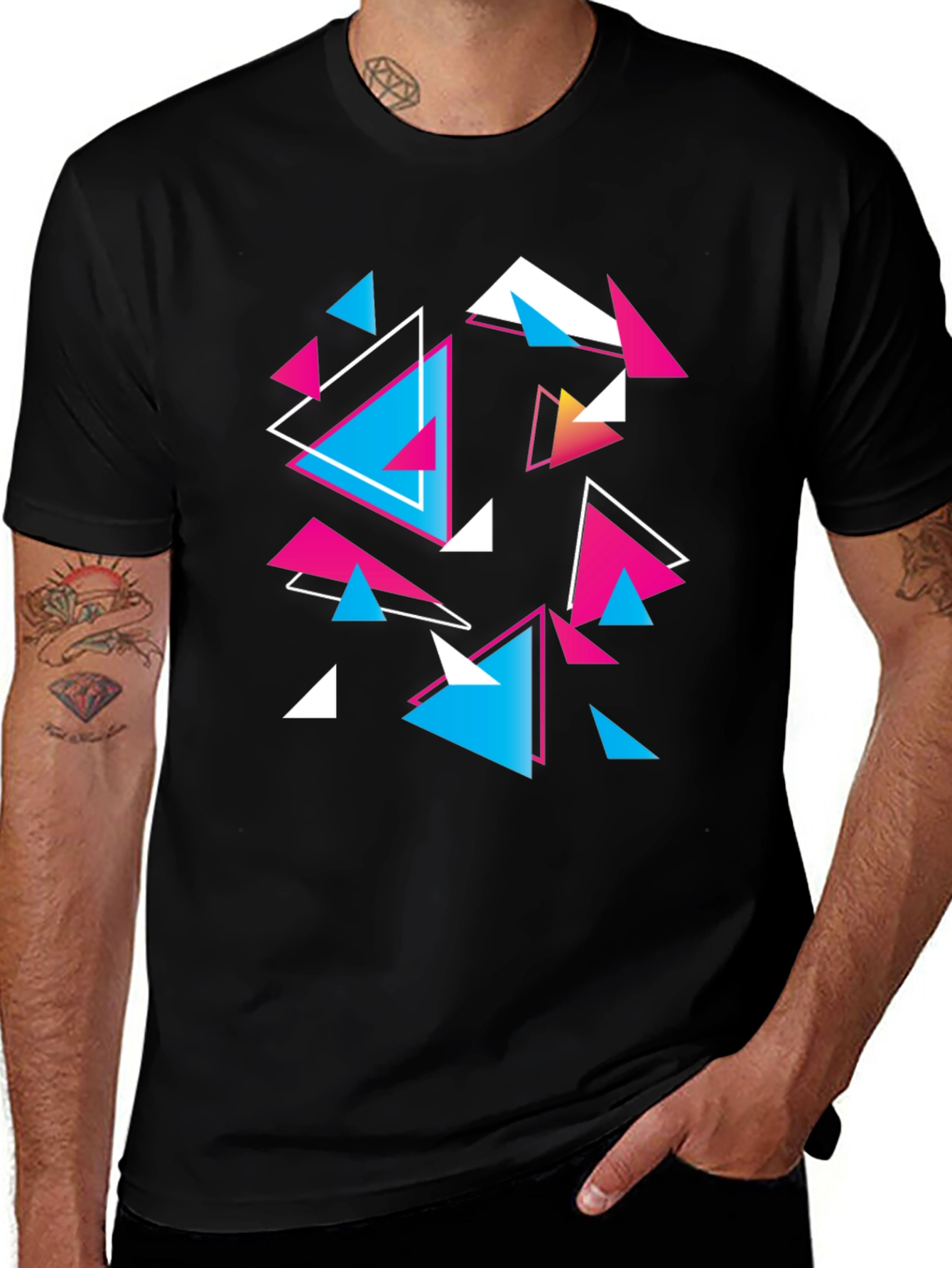 Geometric Triangle Pattern Black T-Shirt