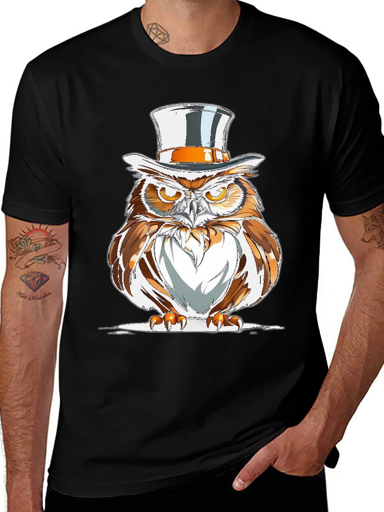 Variant 11 of Owl Top Hat Graphic Tee - Men's Black T-Shirt