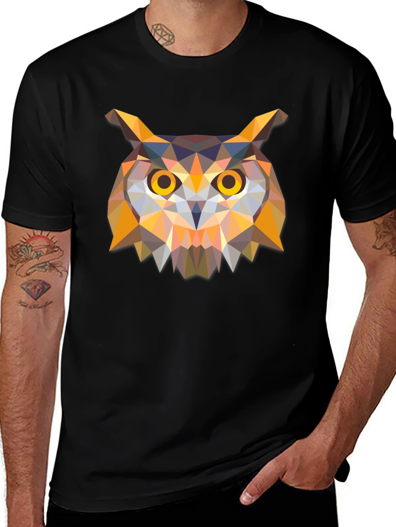 Black Geometric Owl Graphic Black T-Shirt main image