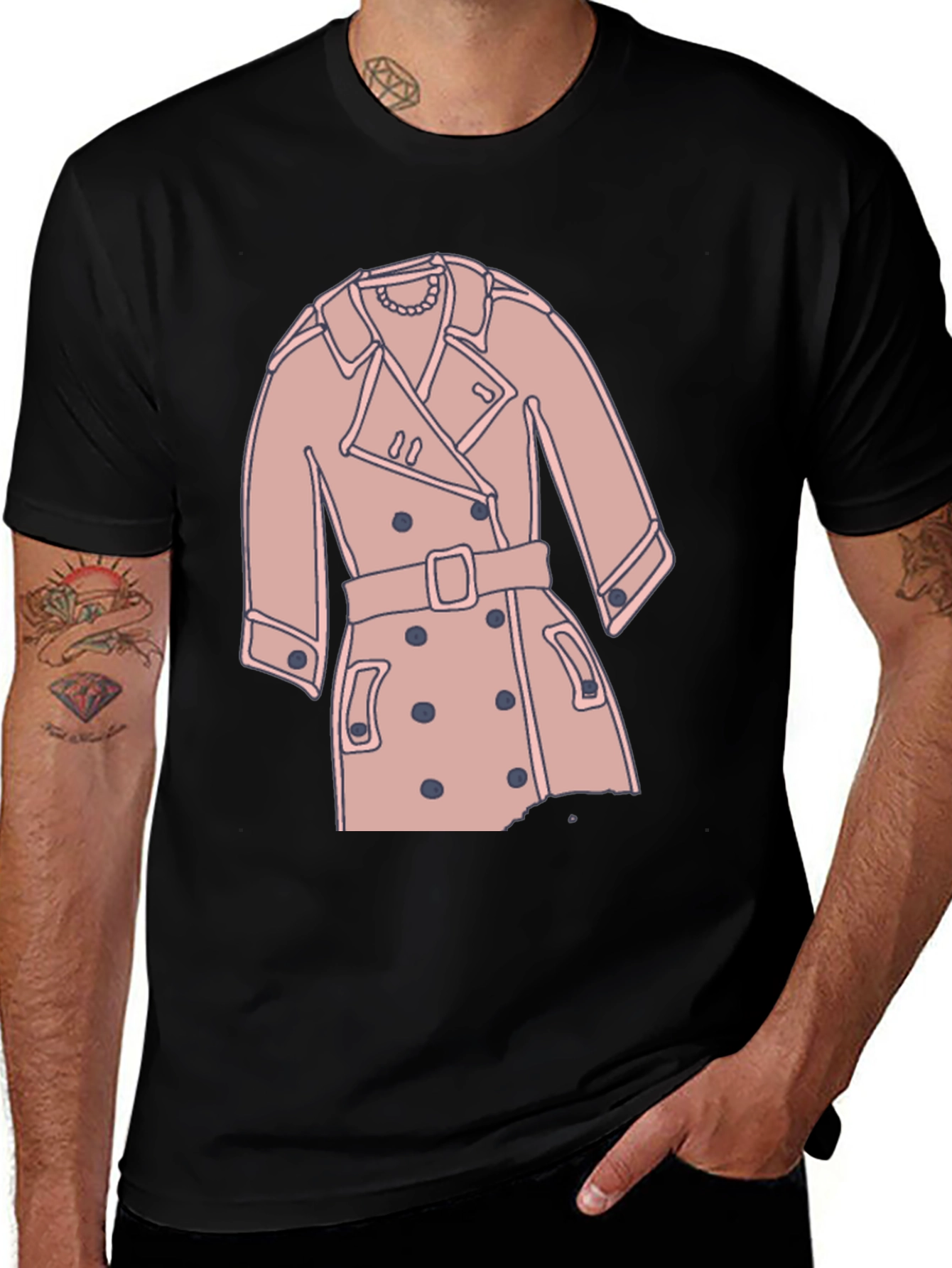 Variant 4 of Stylish Trench Coat Graphic Tee - Casual Black T-Shirt