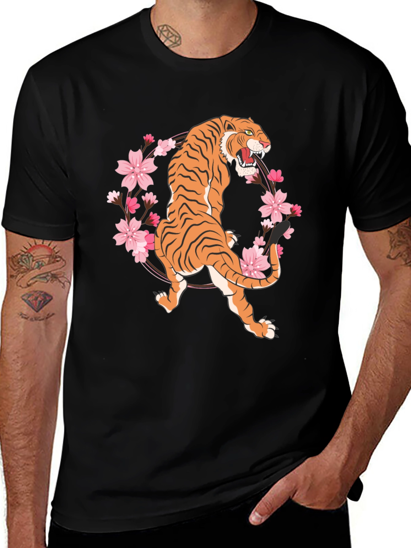 Black Tiger & Cherry Blossom Graphic Tee - Black main image