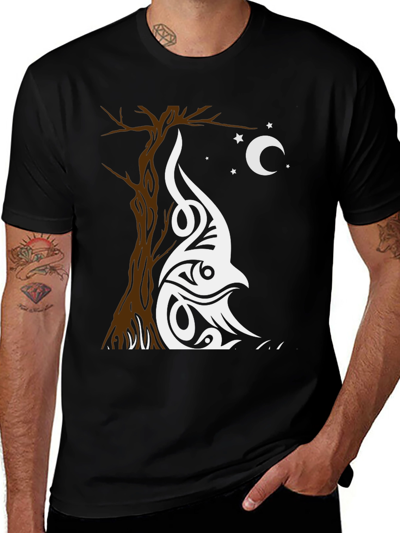 Tribal Owl Tree Black T-Shirt
