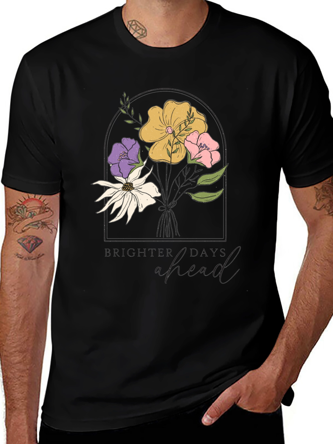 Floral "Brighter Days Ahead" Black T-Shirt