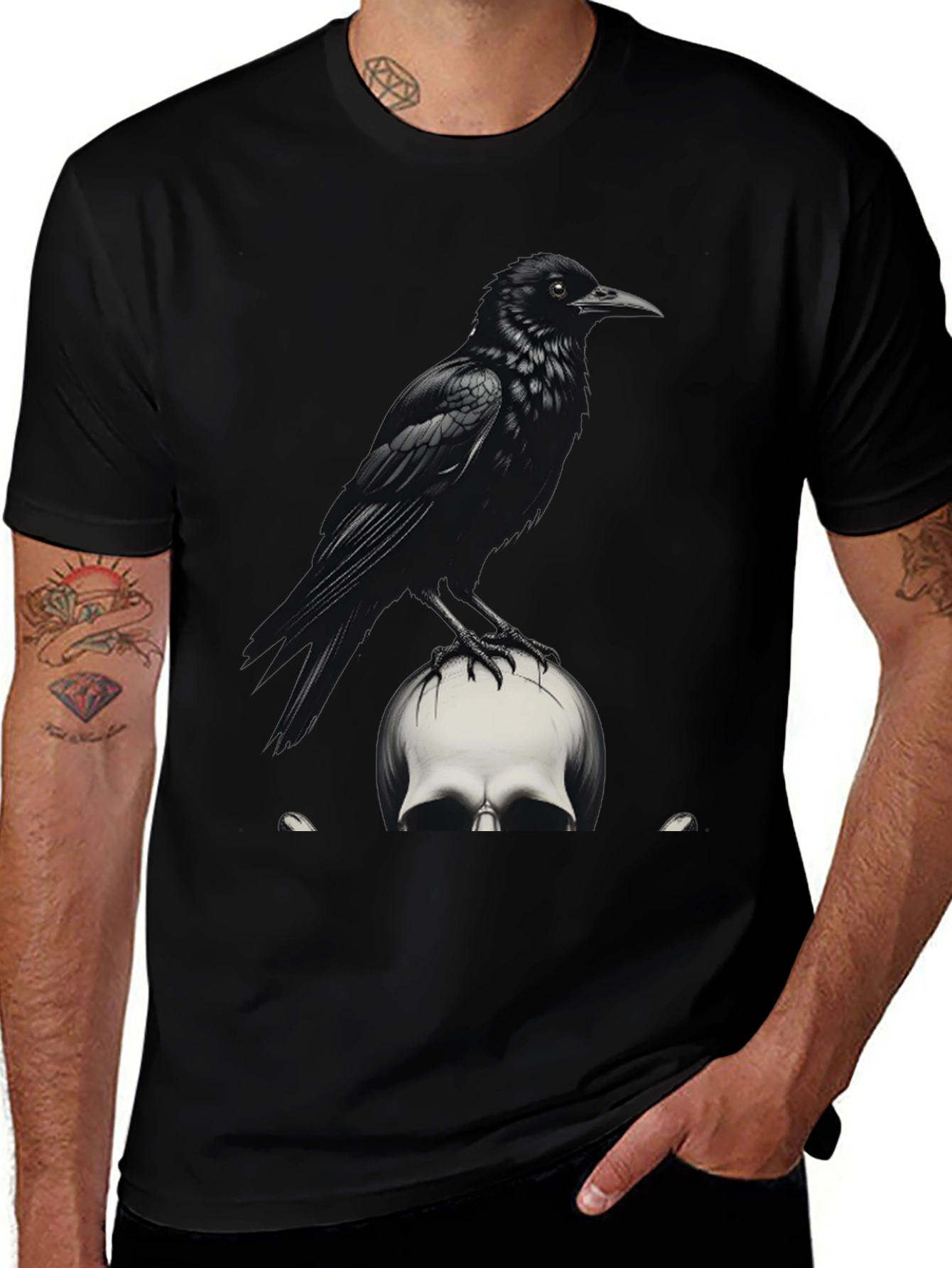 Variant 21 of Raven on Skull Graphic Tee - Dark Gothic Style