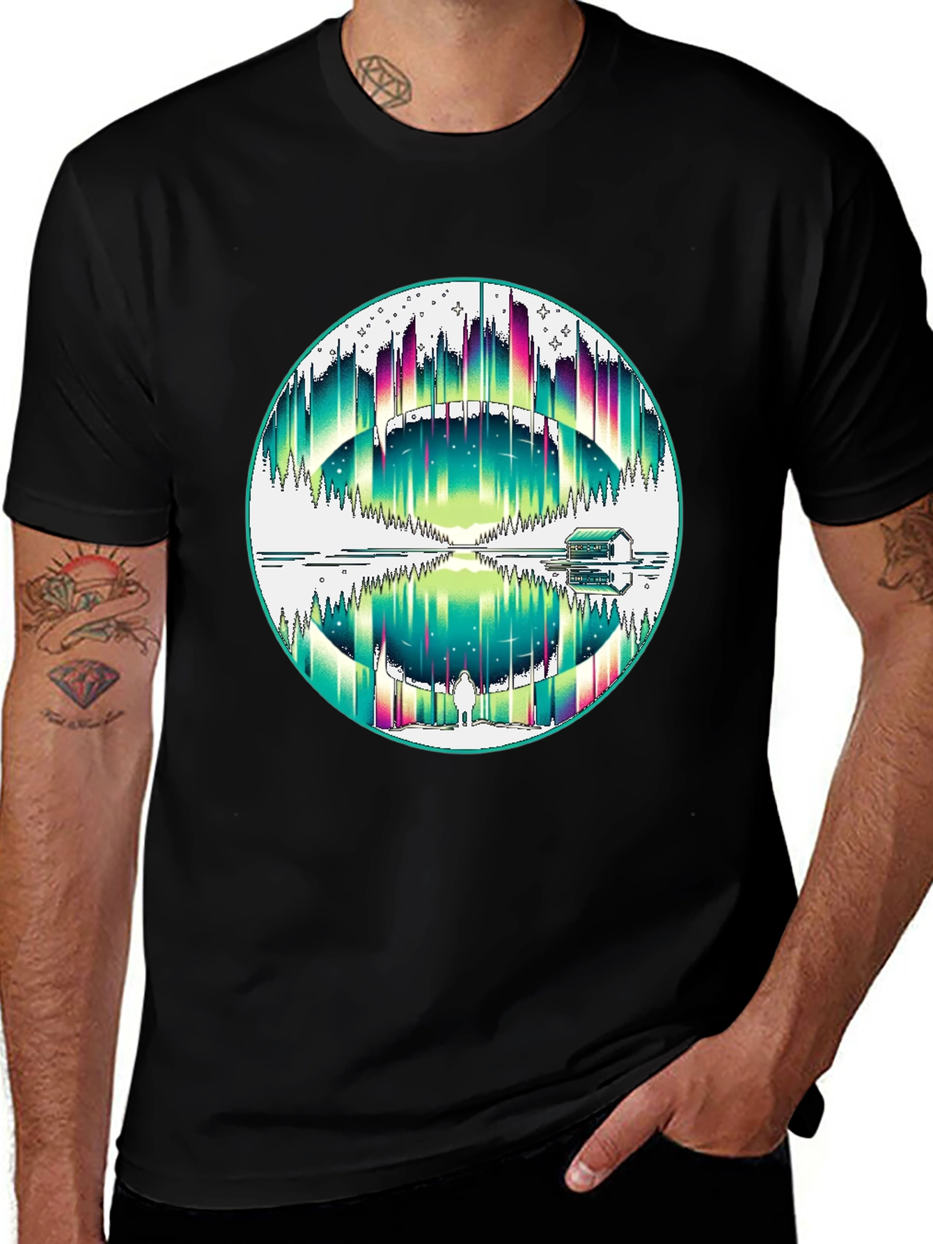 Variant 10 of Northern Lights Graphic Tee - Black Cotton Blend