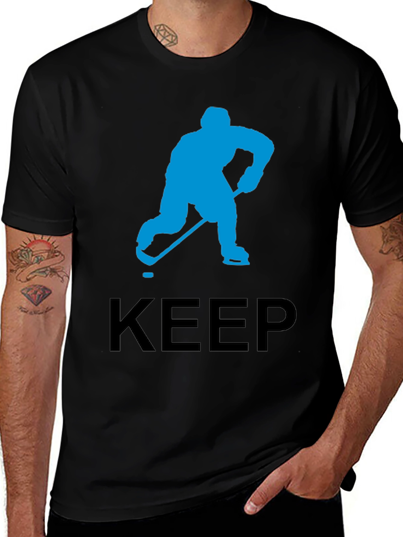 Variant 4 of Keep Hockey Tee - Blue Player Graphic - Black Shirt